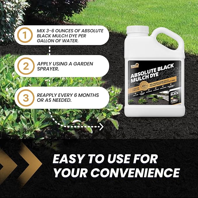 1 Gallon Absolute Black Mulch Dye - Covers up to 10,000 sq. ft., Liquid Mulch Dye Black, Premium Color, Ideal for Landscaping, Renews Faded Rubber or Wood Chips, Binds as it Dries