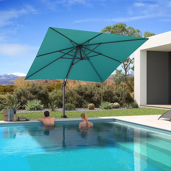 PURPLE LEAF 8' X 8' Patio Umbrella with In-ground Base for Pool 7' High Offset Outdoor Cantilever Umbrella Swimming Pool Umbrella with 360°Rotation for Poolside Turquoise Blue