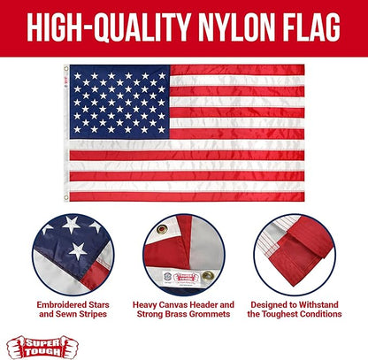 Super Tough 6Ft x 10Ft American Flag - Double Sided, Heavy Duty Nylon USA Flag with Embroidered Stars and Sewn Stripes Suitable for Low Winds - Red/White/Blue