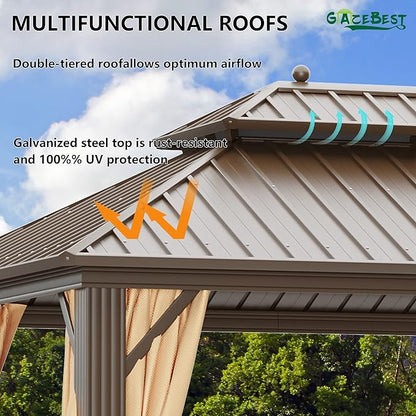 12'x16' Hardtop Gazebo, Outdoor Aluminum Patio Gazebo Double Roof Galvanized Steel Canopy with Netting and Curtains,for Garden, Patio, Backyard, Deck and Lawns.