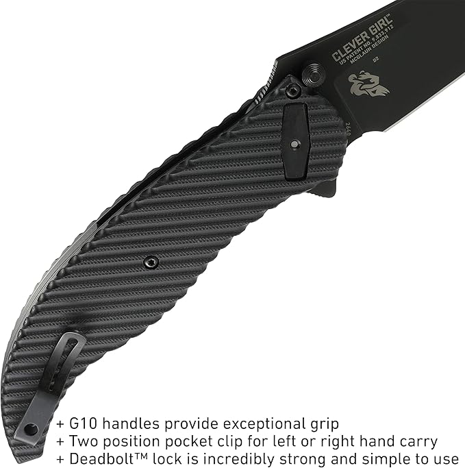 CRKT Clever Girl Folding Pocket Knife: Heavy Duty Everyday Carry, Black Blade, Flipper Open, Deadbolt Button Lock, IKBS Ball Bearing Pivot, G10 Handle 2640