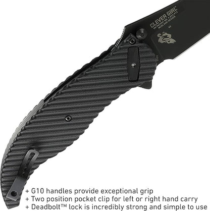 CRKT Clever Girl Folding Pocket Knife: Heavy Duty Everyday Carry, Black Blade, Flipper Open, Deadbolt Button Lock, IKBS Ball Bearing Pivot, G10 Handle 2640