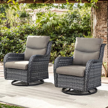 Patio Swivel Chair Set of 2, Resin Wicker Swivel Patio Glider Chairs with Smile-Shaped Cushions, High Back Luxury Swivel Patio Glider Chairs for Outdoor, Grey Wicker|Grey Cushions