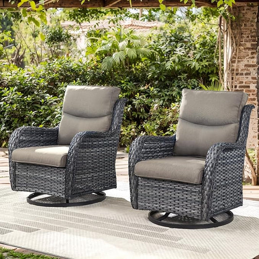 Patio Swivel Chair Set of 2, Resin Wicker Swivel Patio Glider Chairs with Smile-Shaped Cushions, High Back Luxury Swivel Patio Glider Chairs for Outdoor, Grey Wicker|Grey Cushions