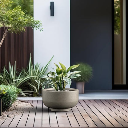 Kante 13.8 Inch Dia Concrete Bowl Planter, Large Tapered Bottom Plant Pot with Drainage, Smooth Weathered Concrete Finish with Warm Brown Interior, Ideal for Porch, Home, Garden, Patio