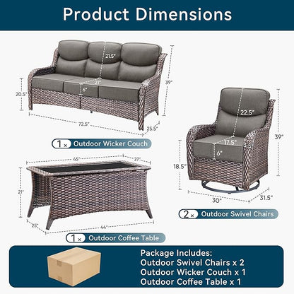 Luxury High Back Outdoor Furniture with 6-Inch Thick Cushions, Patio Furniture Set with Swivel Chairs, 4 PCS Wicker Conversation Set for Porch, Balcony, Deck and Yard