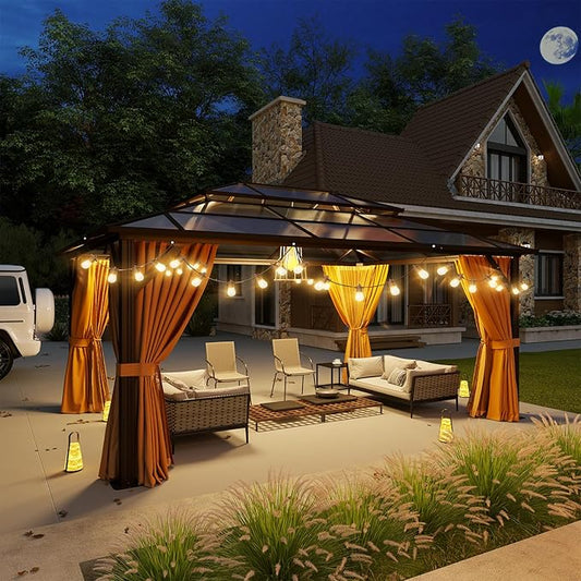 Aoxun 12'x16' Hardtop Gazebo, Aluminum Frame Permanent Pavilion with Curtains and Netting, Outdoor Polycarbonate Double Roof Canopy, and LED Outdoor Waterproof Hanging Lights