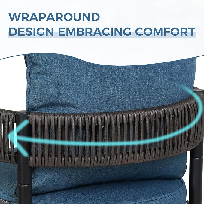 Grand patio Outdoor Dining Chair Set of 2, 2 Pieces Patio Dining Chairs, Metal Woven Wicker Fixed Patio Chairs with Peacock Blue Cushions for Backyard, Deck, Garden, Porch, Lawn and Poolside (Brown)