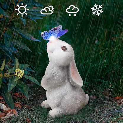 Garden Statue Outdoor Decor-Rabbit with Solar Butterfly Changing Lights Garden Statues,Bunny Statue for Patio,Balcony,Yard,Lawn Ornament,Gardening Gifts for Mom Grandma
