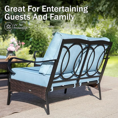 PHI VILLA Outdoor Porch Furniture Set, Upgraded Wicker&Metal Deep Seating Patio Furniture Conversation Set with Waterproof Thick Cushions for Balcony, Deck, and Yard (4 Pieces,Blue)