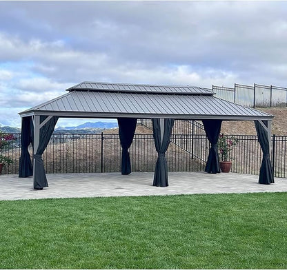 PURPLE LEAF 12' x 24' Outdoor Hardtop Gazebo with Netting and Curtains Galvanized Steel Double Roof and Aluminum Frames Permanent Wind Resistance Pavilion Gazebo for Patio Deck Garden, Light Grey
