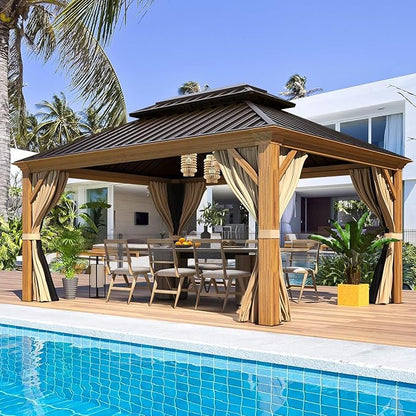 MELLCOM 12' x 14' Hardtop Gazebo, Wooden Finish Coated Aluminum Frame Gazebo with Galvanized Steel Double Roof, Outdoor Permanent Metal Pavilion with Curtains and Nettings for Patio, Lawn & Garden