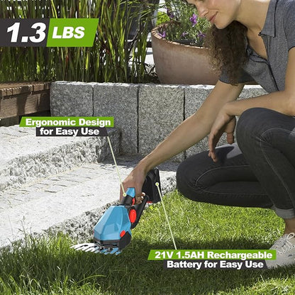 Cordless Hedge Trimmer,21v Electric Grass Shears & Shrub Trimmers,Handheld 2-in-1 Battery Powered Hedge Trimmer for Patio/Lawn, Gardening Tools, Included Charger (Blue-Red+1 * Battery)