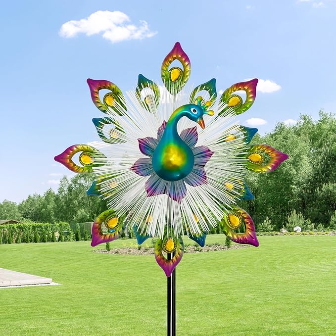 45" Peacock Garden Wind Spinners - Solar Metal Clearance Windmill Kinetic Wind Spinner Outdoor Decor, Wind Sculpture Yard Art for Patio & Lawn