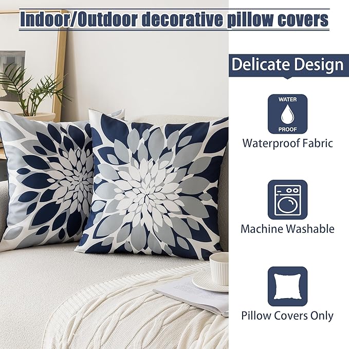 Qahing Pack of 4 Outdoor Waterproof Pillow Covers 24x24 Decorative Outdoor Throw Pillows Garden Square Cushion Cases for Patio Furniture, Couch, Tent Sunbrella, Bench, Navy Blue Grey