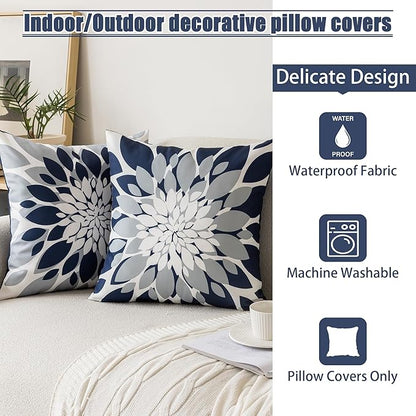 Qahing Pack of 4 Outdoor Waterproof Pillow Covers 24x24 Decorative Outdoor Throw Pillows Garden Square Cushion Cases for Patio Furniture, Couch, Tent Sunbrella, Bench, Navy Blue Grey