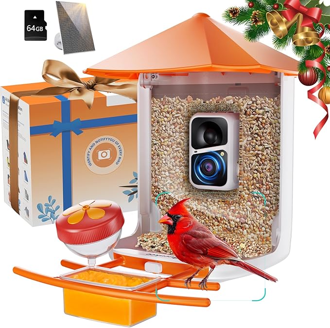 Smart Bird Feeder with Camera - 2K HD Live View & Auto Capture, AI Bird Identification, Solar Powered with 64GB SD Card, Real-Time Alerts, 5 DIY Accessories for Birds Lovers