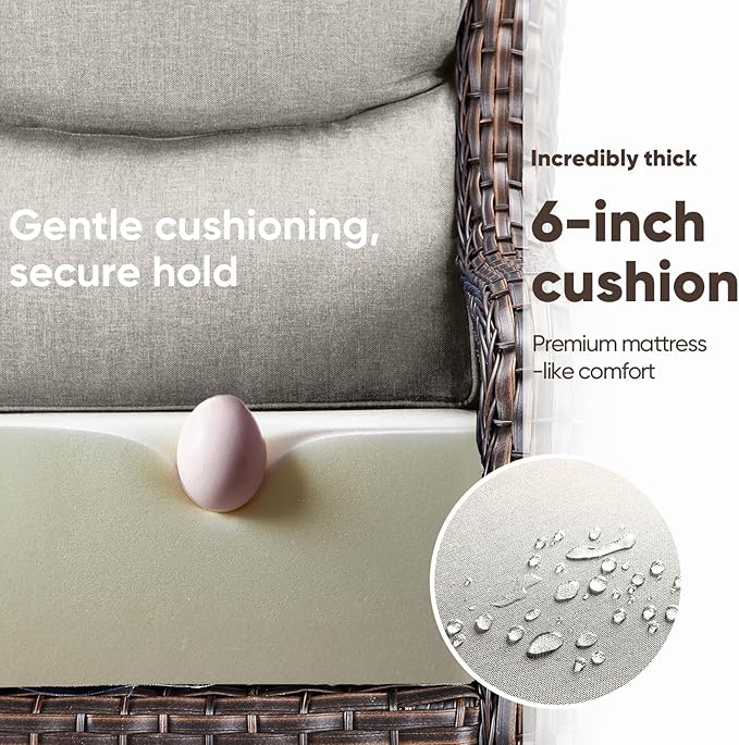 Swivel Patio Chairs sofa Set of 6 - 6" Thick Cushion - Wicker Outdoor Swivel Rocker Patio Chair ,Sofa/Glass coffee table, High Back Comfortable Outdoor Glider Chairs - Brown Wicker | Beige Cushions