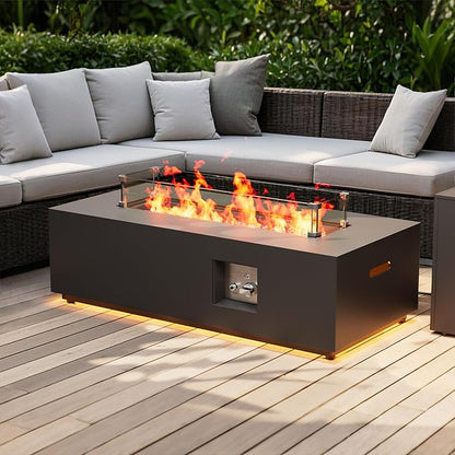42" Outdoor Fire Pit Table, 50,000 BTU Gas Fire Pit with Glass Wind Guard, Fire Stones, Waterproof Cover, Propane Fire Pit Table for Outside Patio (Warm Light, Black)