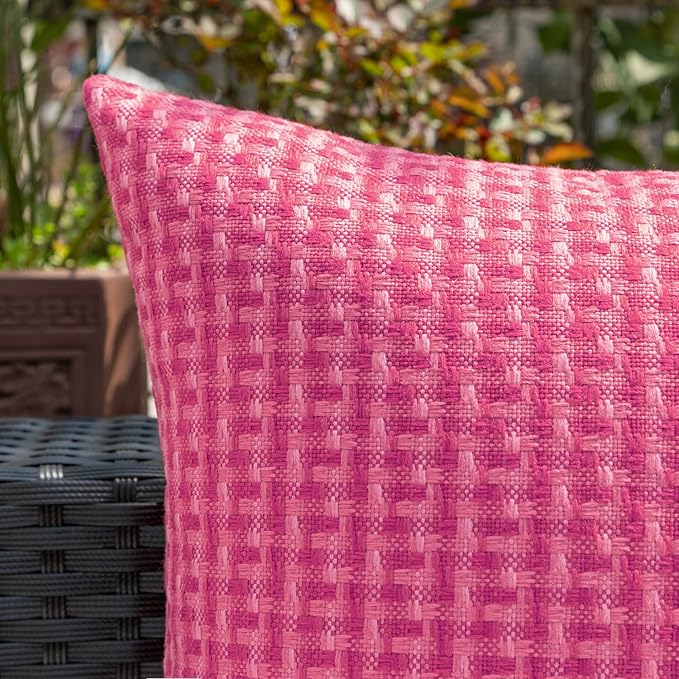 Kevin Textile Outdoor Waterproof Throw Pillow Covers Pack of 2 Valentines Weaving Texture Water Resistant Decorative Cushion Covers for Garden Patio Tent Balcony Bench Couch 16x16 Inch, Hot Pink