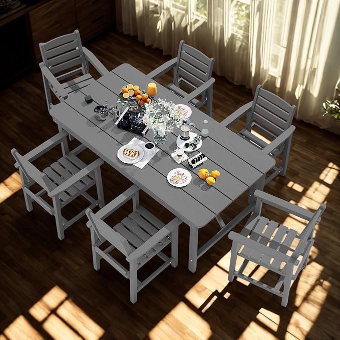 7 Piece Patio Dining Set with 11ft Patio Umbrella (Yellow), 7 Gray Outdoor HDPE Dining Set with 6 Chairs + 1 Large Table with 2" Umbrella Hole, for Market, Pool, Garden, Backyard, Deck