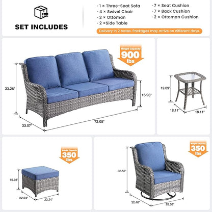 ovios 9 Pieces Patio Furniture Set, Outdoor Wicker Sofa Couch with Swivel Chairs Ottomans Comfy Cushions, High Back All Weather Modern Conversation Sets, Grey Rattan, Denim Blue