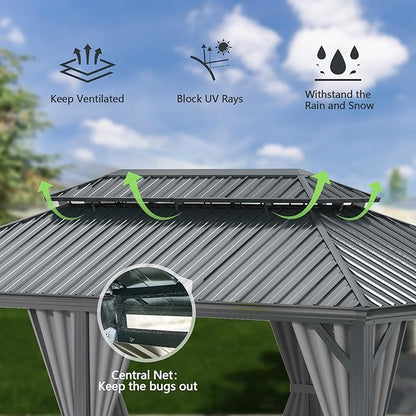 Domi 12x18FT Outdoor Gazebo, Hardtop Gazebo with Galvanized Steel Double Roof, Metal Gazebos with Drainage System Patio Pergola for Patio Deck Backyard,Curtain and Netting,Gray