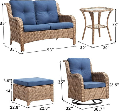 Outdoor Wicker Patio Furniture Set - 6 Piece Rattan Patio Conversation Set with 2 Rocking Swivel Chairs,2 Ottomans,1 Loveseat and 1 Side Table for Porch Deck Backyard Garden(Yellow/Blue)