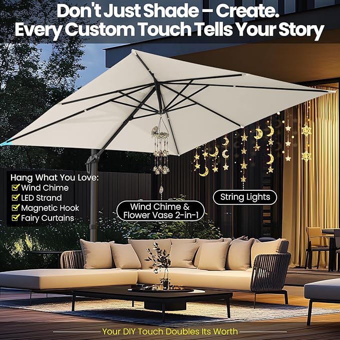 Hotime 10ft Patio Umbrella Outdoor Patio Windproof and Height adjustable, Heavy Duty Aluminum Square Offset Patio Umbrella Cantilever Pool Umbrella with 360°Rotation for Garden Deck Pool, Beige