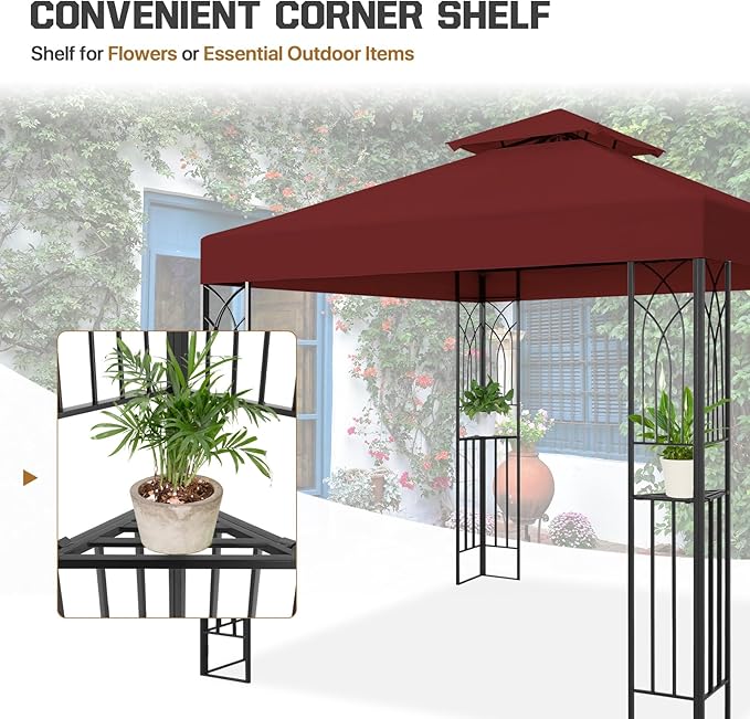 COOS BAY 8x8 Outdoor Patio Gazebo with Corner Shelves, Two-Tier Soft Top Canopy for Backyard, Lawn, Deck and Garden, Red