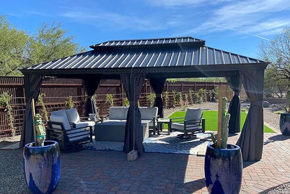 PURPLE LEAF 13' X 20' Permanent Hardtop Gazebo Aluminum Gazebo with Galvanized Steel Double Roof for Patio Lawn and Garden, Curtains and Netting Included Grey