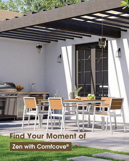 Outdoor Patio Dining Set, Aluminum & HDPE 5 Piece Outdoor Table and Chairs Set with Umbrella Hole, Modren Rectangular Patio Furniture Set with All-Weather Table and 4 Chairs (White & Teak)