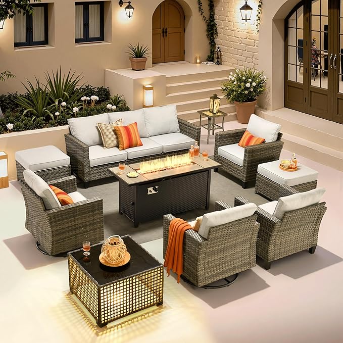 ovios 10 Pieces Patio Furniture Set with Swivel Chairs Rocking Gliders, 54" Fire Pit Table, Outdoor Sofa Couch with Solar Lights Table, Modern Deep Seat Wicker Rattan Conversation Set, Grey