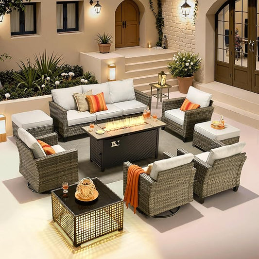 ovios 10 Pieces Patio Furniture Set with Swivel Chairs Rocking Gliders, 54" Fire Pit Table, Outdoor Sofa Couch with Solar Lights Table, Modern Deep Seat Wicker Rattan Conversation Set, Grey