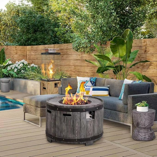 Afterglow Outdoor 36" Round TerraFdab Propane Fire Pit Table for Outside Patio Backyard Garden, Firepit Table with Weather Cover and Lava Rocks(Gas Tank not Included)，50000 BTU, Wood Look(Grey)