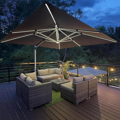 PURPLE LEAF 9' X 12' Solar Powered LED Patio Large Umbrella Offset Double Top Hanging Umbrella Outdoor Market Umbrella for Garden, Slate Gray