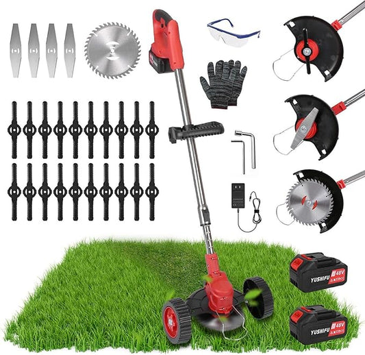 Cordless Weed Wacker, Battery Powered Weed Eater 3 in 1 Stringless Grass Trimmer with 3 Types Blades and 2Pcs 2.5 Ah Battery, Adjustable Length for Yard Lawns Garden (25 Blades, Wheels)