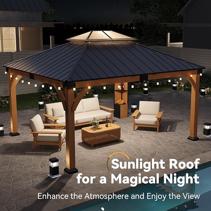 12x14 ft Cedar Wood Gazebo with Sunlight Roof &Storage Cabinet, Hardtop Gazebo with Galvanized Steel Double Roof, Heavy Duty Pavilion for Patio Lawn and Garden
