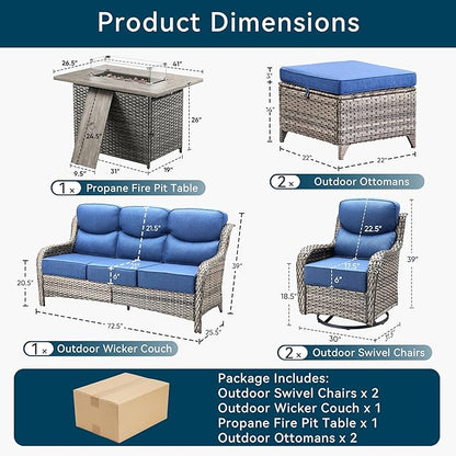 Luxury High Back Outdoor Furniture 6-Inch Thick Cushions with 50,000 BTU Gas Propane Fire Pit Tablet, Patio Furniture Set with Swivel Chairs, 6 PCS for Porch, Balcony, Deck and Yard