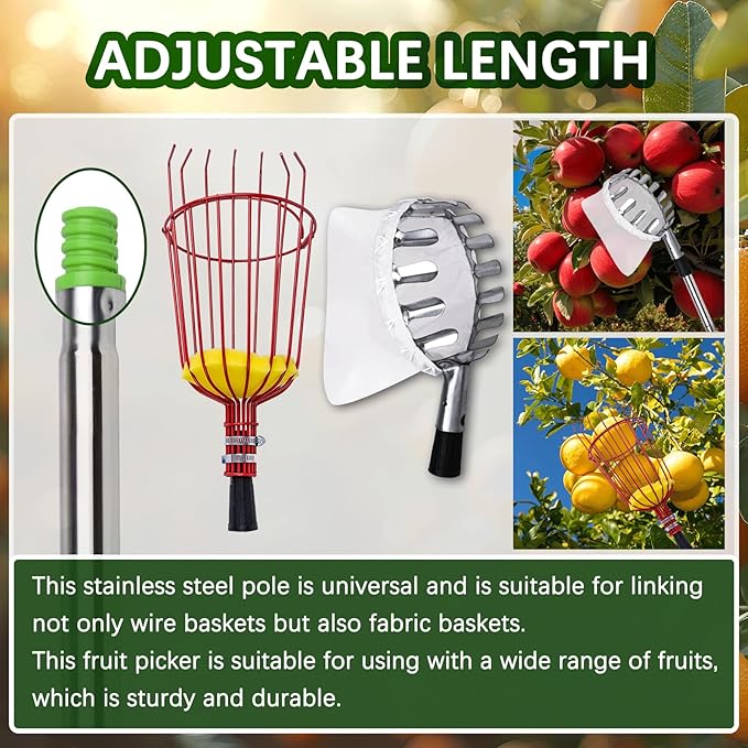 20 Ft Fruit Picker with Wire Basket and Bag Basket,Adjustable Stainless Steel Fruit Picker Pole with Universal Thread Head,35-243 Inch,Pick Fruit Tool,Suitable for Picking Apples,Mangoes and Others