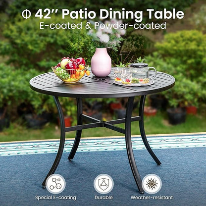PHI VILLA 5 Pieces Outdoor Dining Set with Umbrella for 4, Round Metal Iron Dining Table & Wicker Chairs with Cushions & Large Blue Umbrella, Morden Dining Furniture for Patio, Deck, Yard, Porch