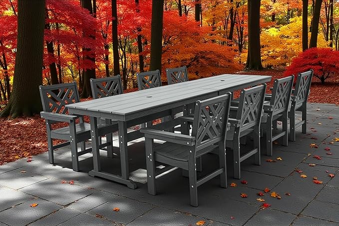 10 Piece HDPE Outdoor Dining Set for 8, Patio Dining Furniture Set with 2 Table and Umbrella Hole, Outdoor Table and Chairs for Garden, Poolside, Backyard, Deck
