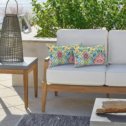 LVTXIII Set of 2 Outdoor Lumbar Pillows for Patio Furniture with White Piping, 12"x20" Fade Resistant Patio Lumbar Pillows with Inserts for Home Coach Sofa Use, Damask Red