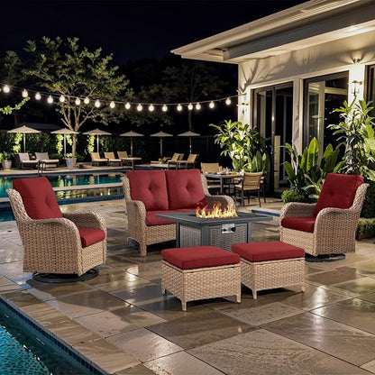 6 Pieces Patio Furniture Set with Fire Pit Table, Wicker Rattan Outdoor Furniture Set with Loveseat and Swivel Chairs for Yard, Deck, Garden, Yellow Wicker/Red Cushion