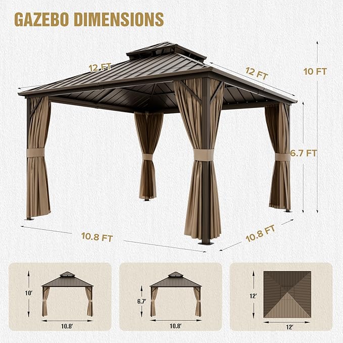 COOS BAY 12x12 Hardtop Gazebo with Aluminum Frame, Galvanized Steel Double Roof Outdoor Pavilion with Netting and Curtains, Dark Brown/Tan