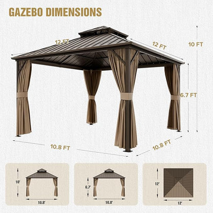 COOS BAY 12x12 Hardtop Gazebo with Aluminum Frame, Galvanized Steel Double Roof Outdoor Pavilion with Netting and Curtains, Dark Brown/Tan