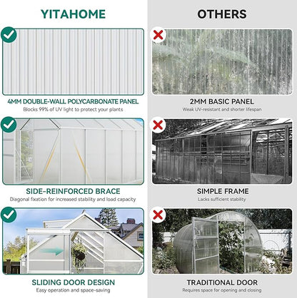 YITAHOME 6X12FT Polycarbonate Greenhouse Large Heavy Duty Green Houses Outdoor Greenhouses Aluminum Sliding Doors Vent Window for Garden Backyard, Silver