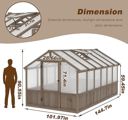 8x12 FT Greenhouse Kit with 6MM Thick Polycarbonate Panel for Outdoor, Wooden Walk-in Green House with Adjustable Roof Vent and Lockable Door, Backyard, Garden, Light Mocha Brown