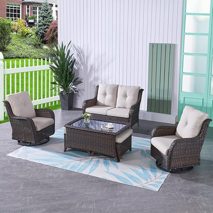 HUMMUH 6 Pieces Outdoor Patio Furniture Set Wicker Swivel Patio Chairs with Ottomans 2 Seater Outdoor Sectional Sofa/Patio Loveseat with Coffee Table