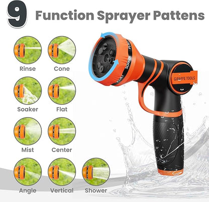 Giraffe Tools Garden Hose 50ft x 5/8", 304 Stainless Steel Metal Water Hose, No Kink Garden Water Hose with 9 Pattern Spray Nozzle, Flexible, Lightweight, Kink Free Hose for Yard, Outdoor